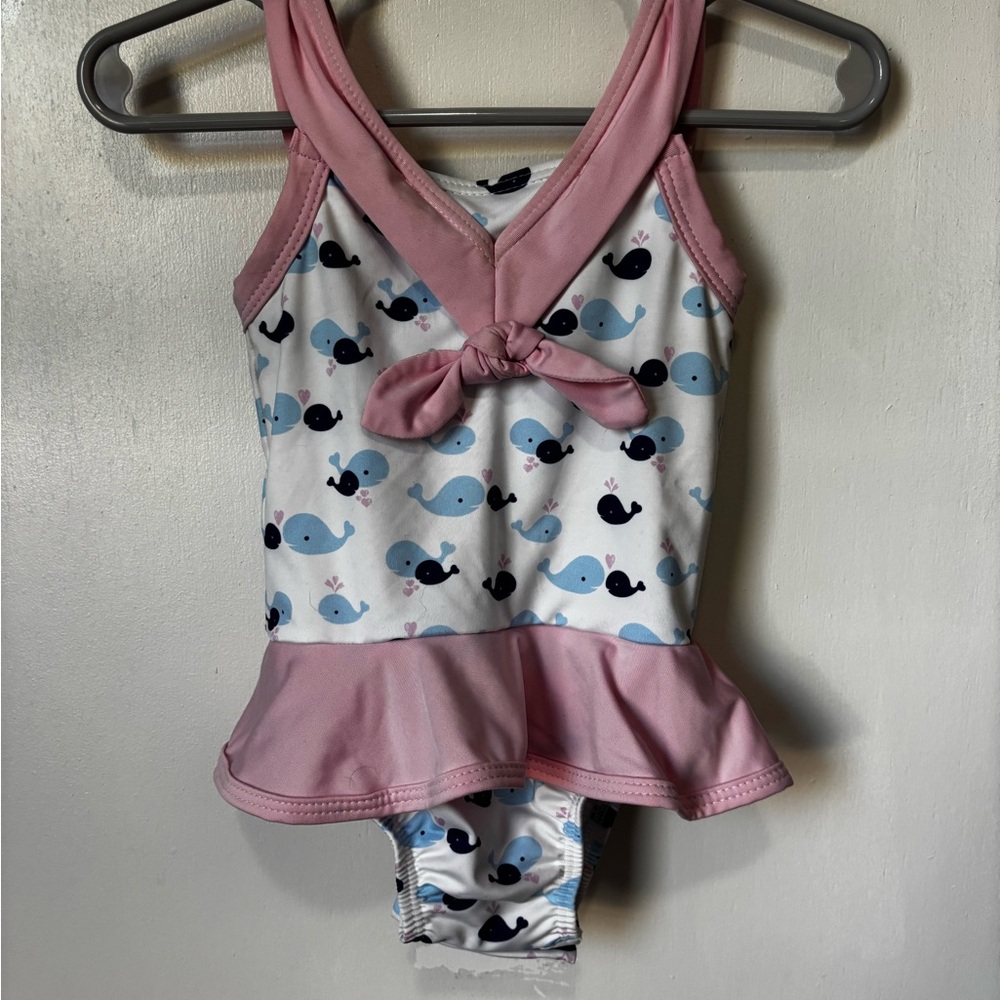 Lullaby Set, Pink Whale Print Kids Swim One Piece, Size 9M